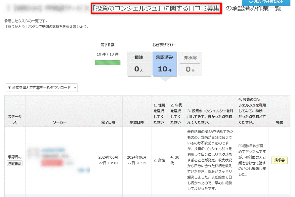 クラウドソーシングサイトで実際に利用した人の口コミを募集したときの画像